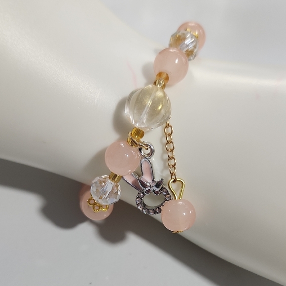 Handmade Jewelry - Pink Beaded Bracelet with Gold Accents and Bunny Charm